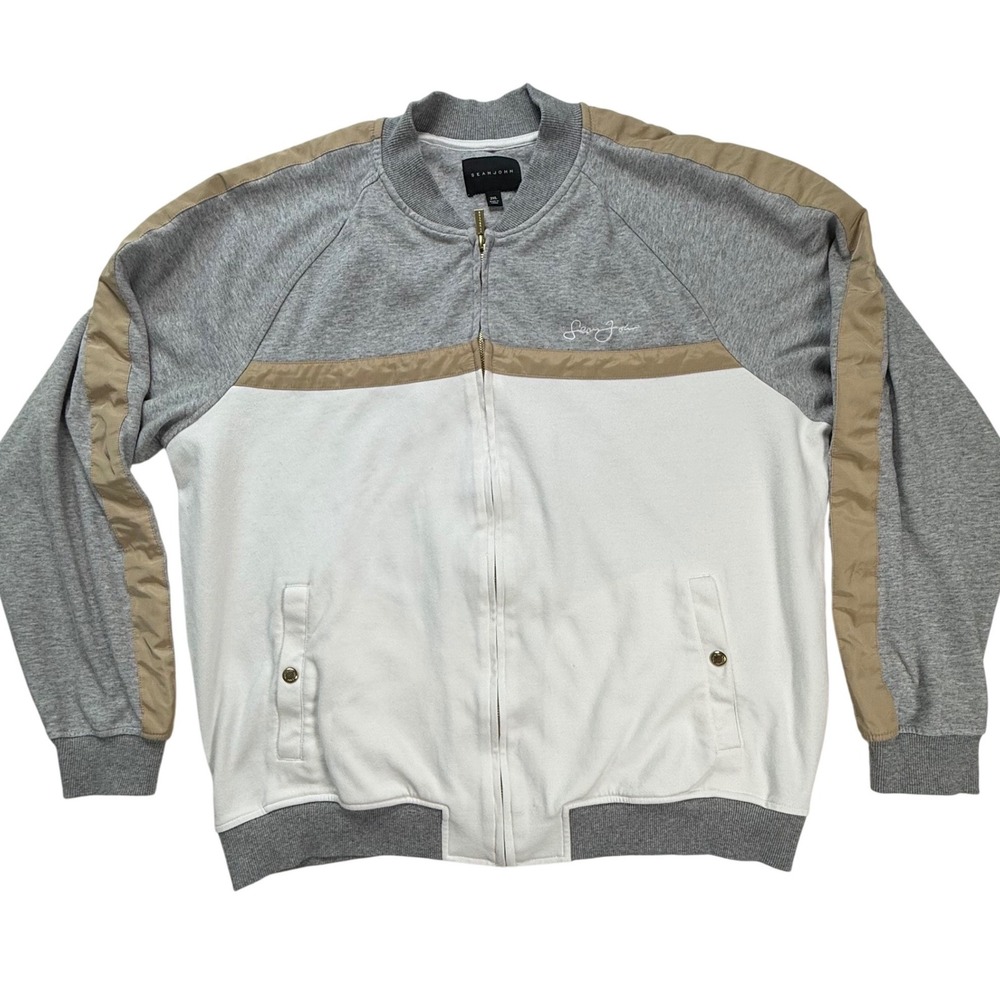 Sean John Mens 2XL Track Jacket Grey White Tan Colorblock Full Zip Bomber Coat